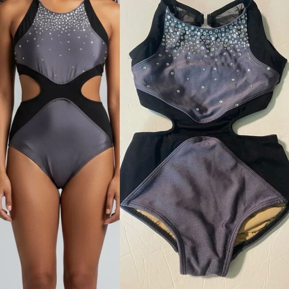 Custom solo dance costume leotard gray rhinestoned MC-Medium child